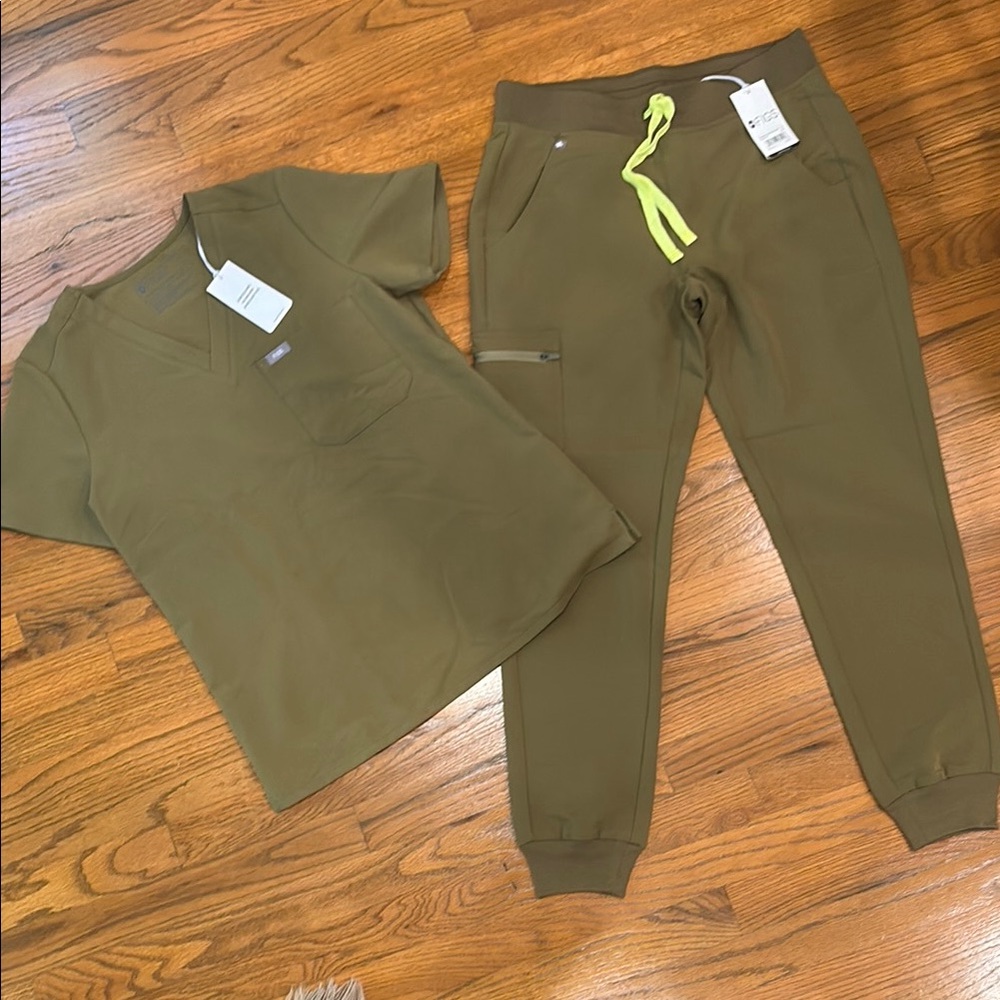 Figs Olive Scrub Set with Neon Lime Drawstring